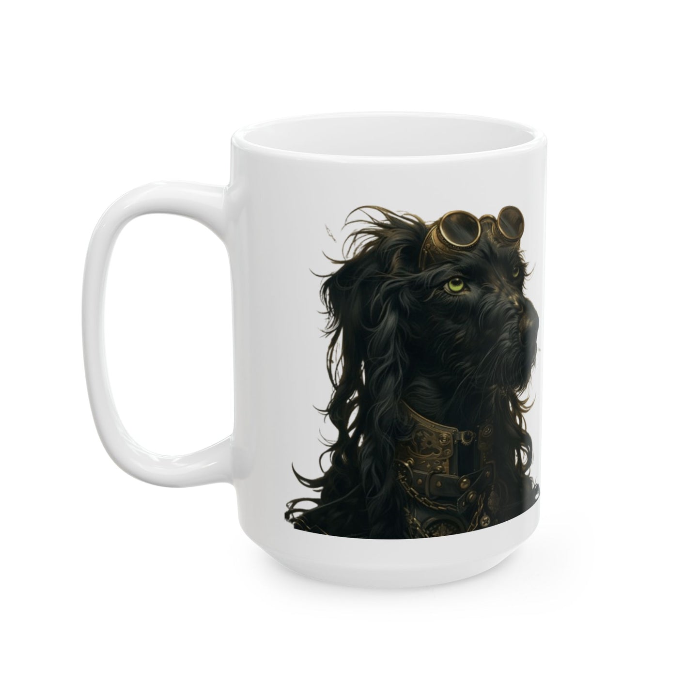 Steampunk Pup on white mug