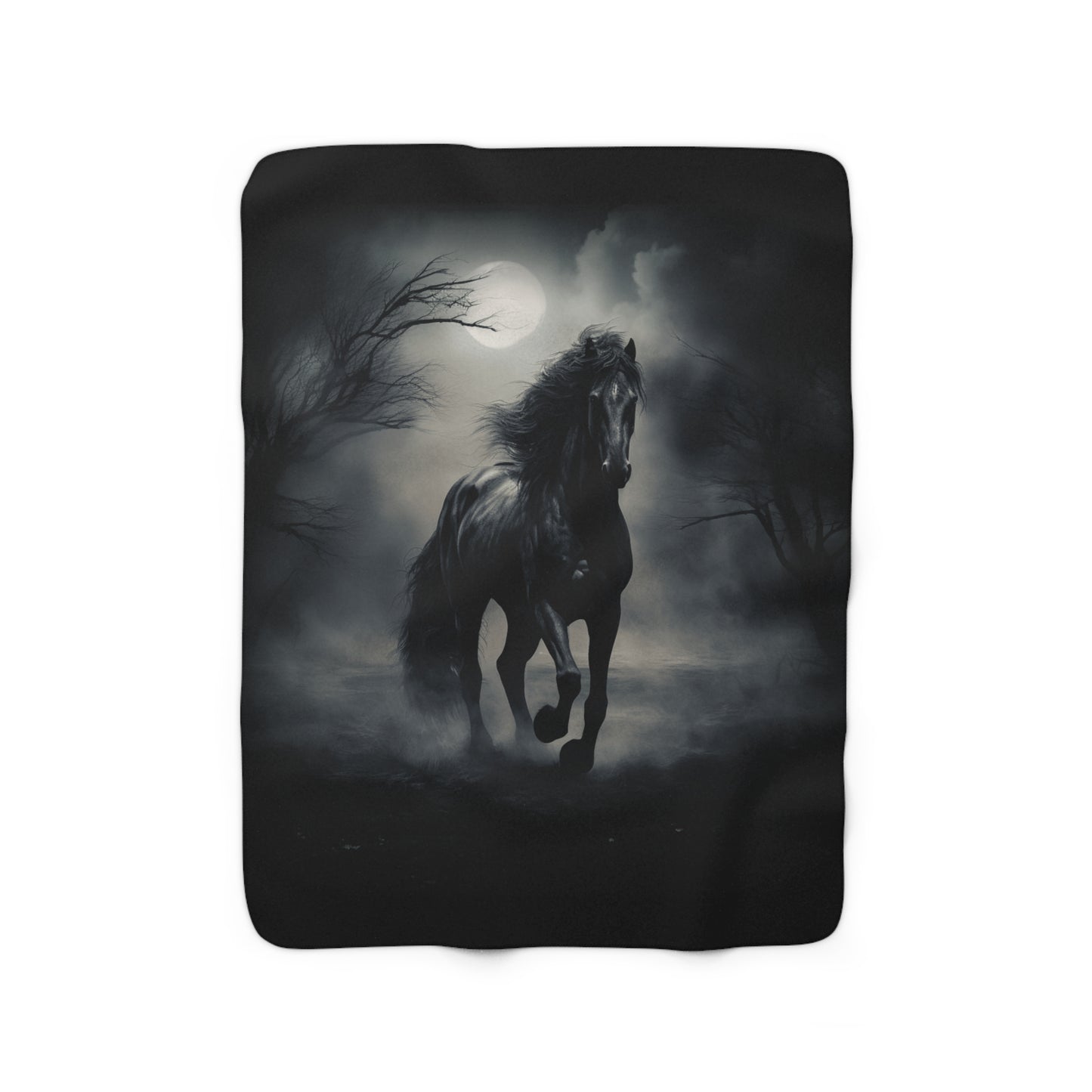 Black horse in mist, Sherpa blanket