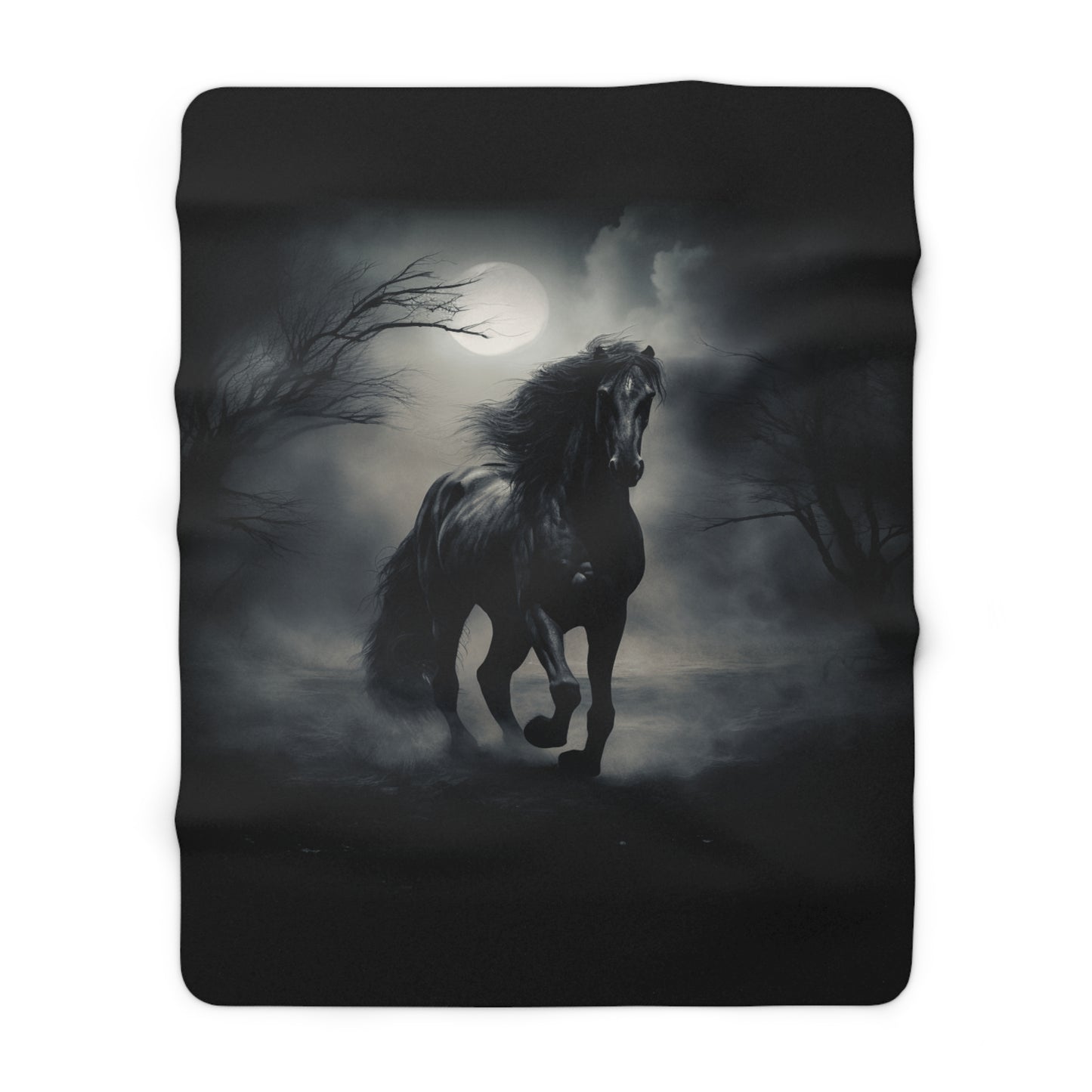 Black horse in mist, Sherpa blanket