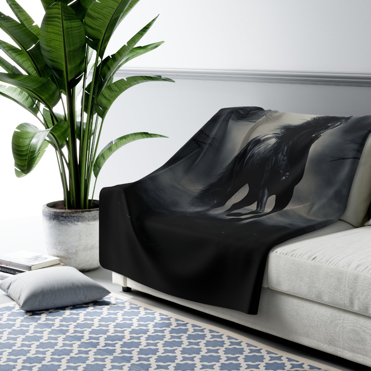 Black horse in mist, Sherpa blanket